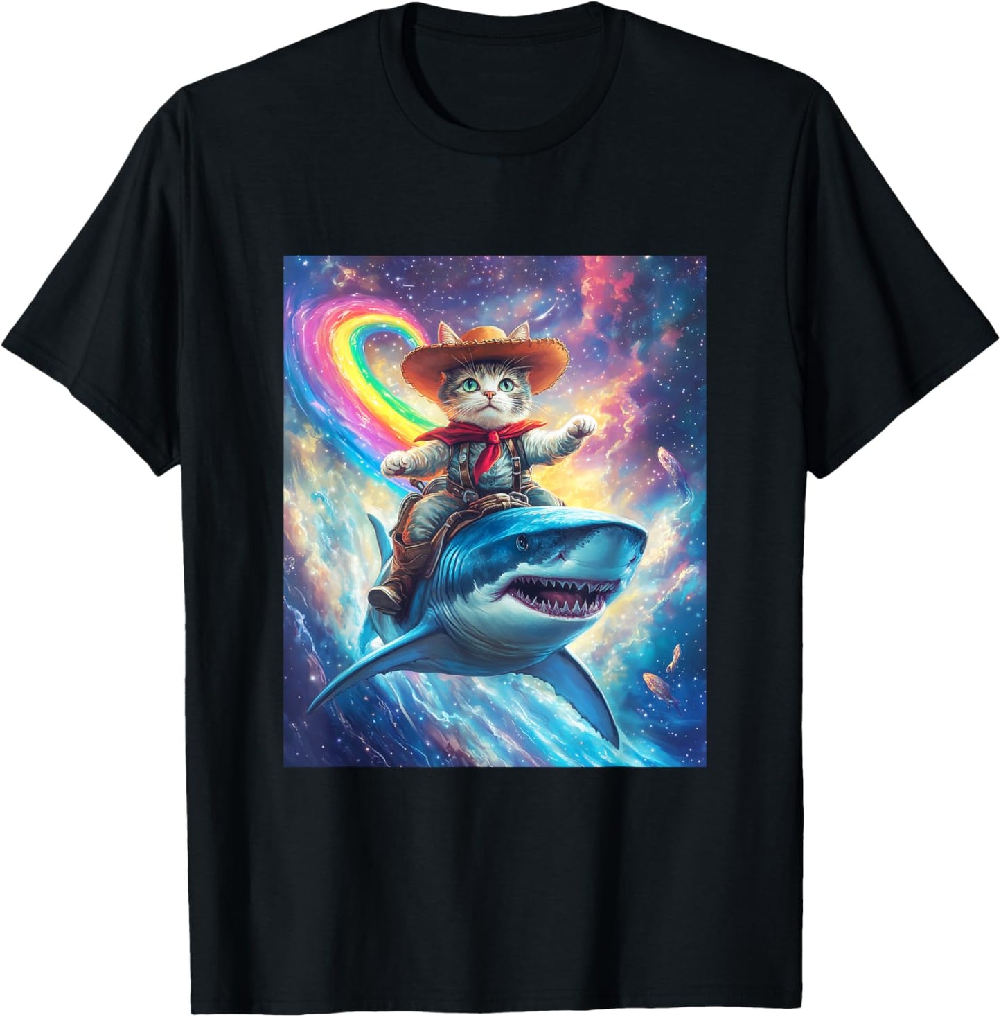 Cowboy Cat Riding Shark Graphic Tee T-Shirt