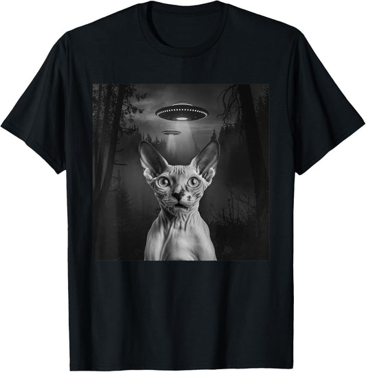 Sphynx Cat Selfie With Alien UFO Funny Cat Outfit T-Shirt