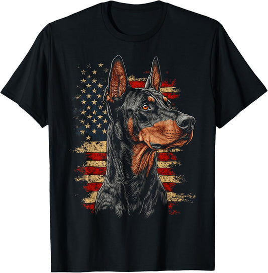 Doberman USA Flag Patriotic Dog Art T-Shirt