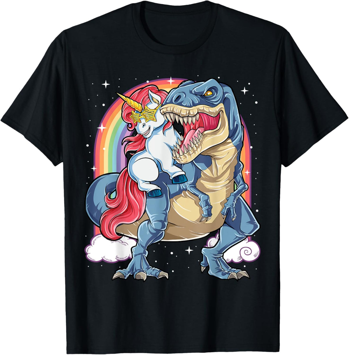 Unicorn Riding T rex Dinosaur Boys Girls Men Women Rainbow T-Shirt
