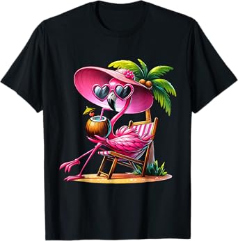 Pink Flamingo Summer Vibes Beach Palm Tree Summer Vacation T-Shirt