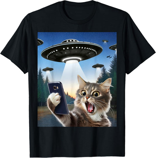 Funny Cat Selfie With Ufos T-Shirt
