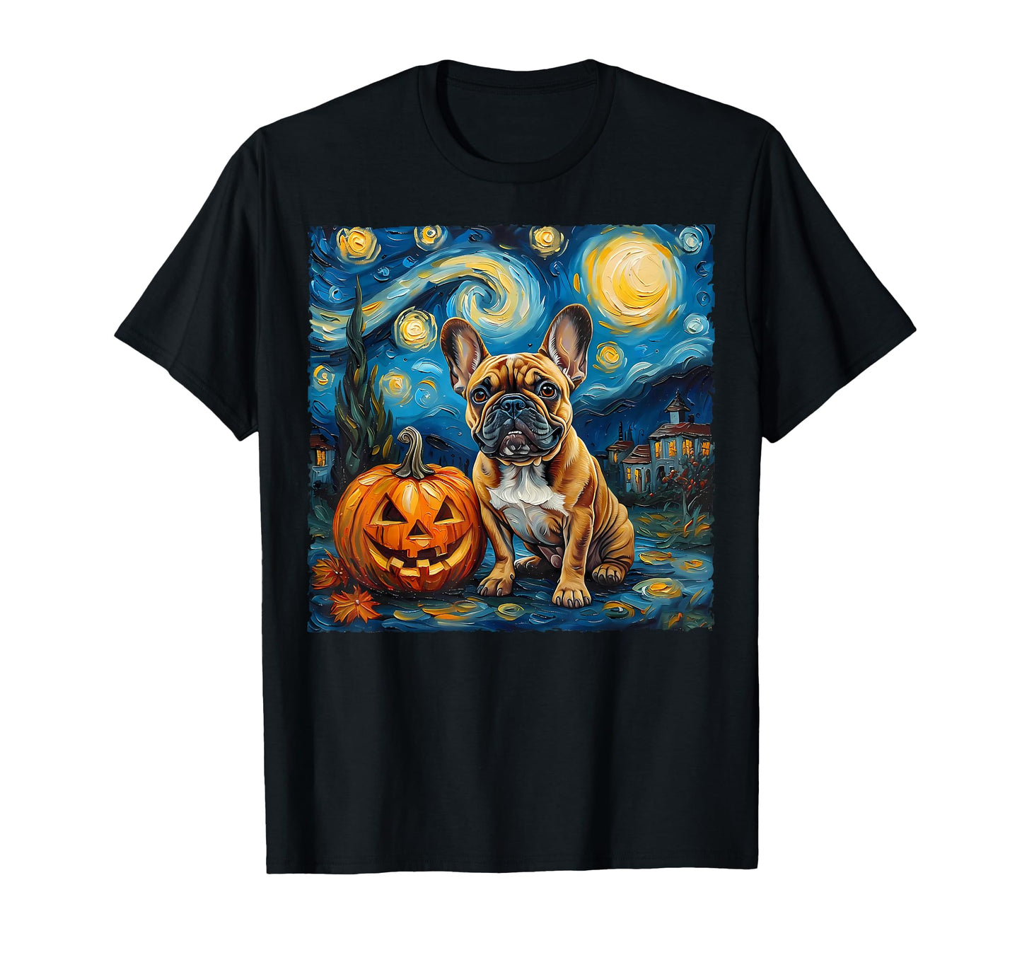 French Bulldog Pumpkin Starry Night Style Autumn Halloween T-Shirt