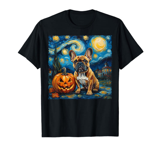 French Bulldog Pumpkin Starry Night Style Autumn Halloween T-Shirt