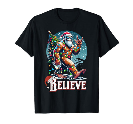 Santa Bigfoot Christmas Lights Funny Sasquatch Believe Xmas T-Shirt