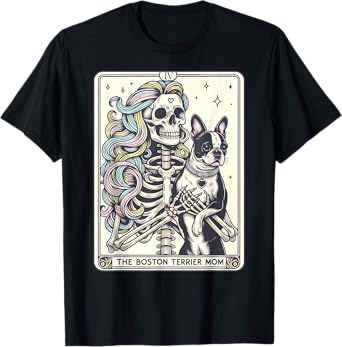 Retro Boston Terrier Mom Tarot Card Funny Skeleton Dog Mama T-Shirt