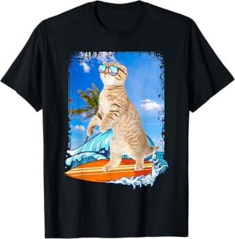 Cute Surfing Hawaiian Cat Lover Surfer Beach Summer Vacation Men Women Girls Kids T-Shirt