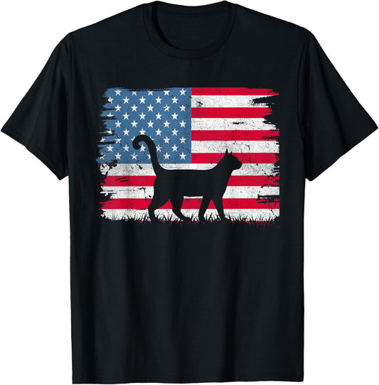 Cat American Flag USA 4th of July Men Women Boys Girls T-Shirt