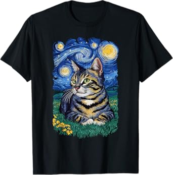 Van Gogh Cat Gifts Tabby Cat Owners Cat Lady Black Men Cat T-Shirt