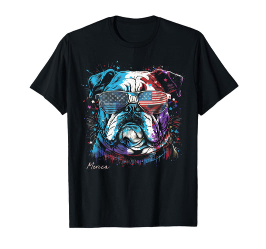 English Bulldog Dog 4th of July American Flag USA Funny Women Kids Men T-Shirt