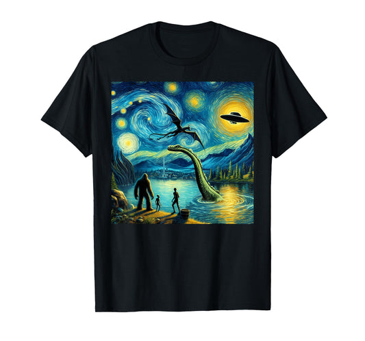 bigfoot starry night loch Ness alien UFO dragon cute lake T-Shirt
