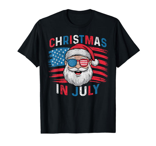 Fourth of July Christmas Us Flag Sunglasses Santa Xmas 2025 T-Shirt