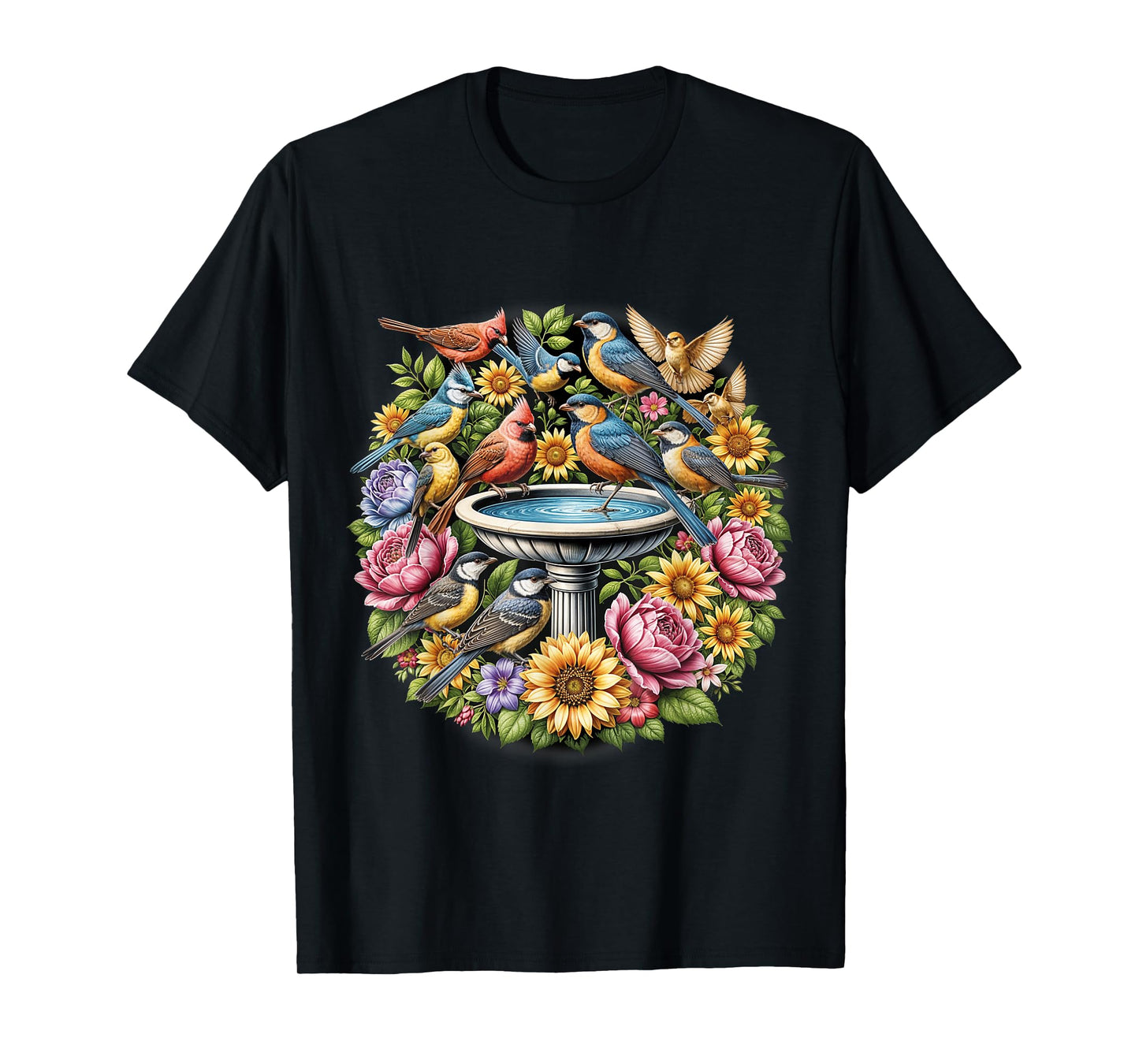 Birds Spring Flowers Shirt Water Fountain Birdwatcher Birder T-Shirt