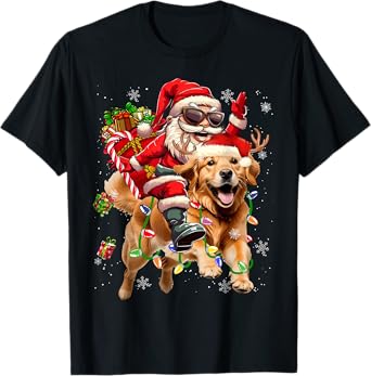 Merry Christmas 2025 Santa Riding Golden Retriever Dog Xmas T-Shirt for Men Women Kids