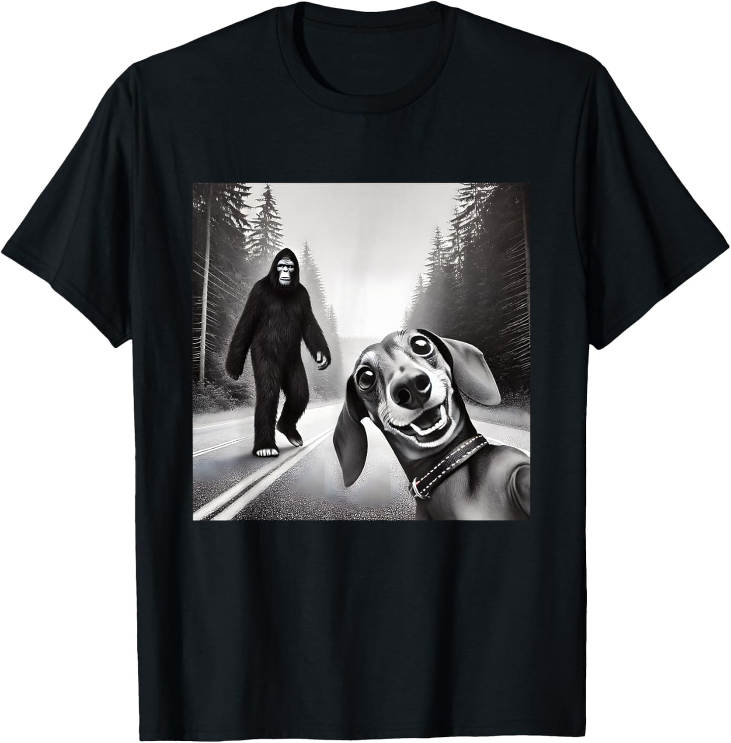 Unisex T-Shirt - Bigfoot And Dachshund On Road - Black - Small - Short Sleeve