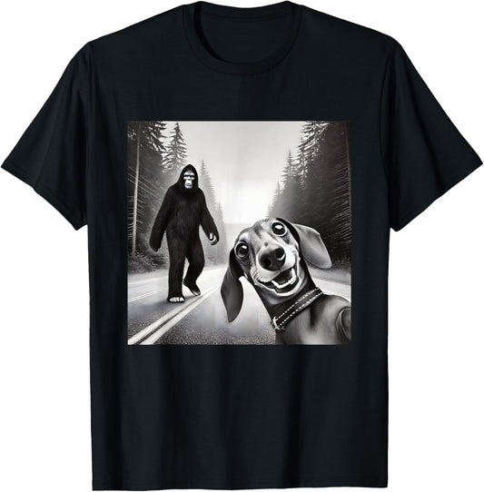 Unisex T-Shirt - Bigfoot And Dachshund On Road - Black - Small - Short Sleeve