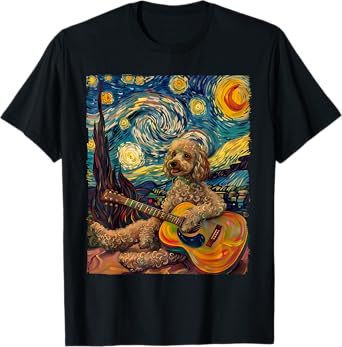 Starry Night POODLE Dog Playing The Guitar, Dog Painting Fun T-Shirt
