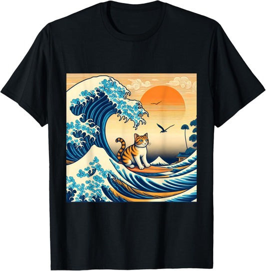 Surfing Cat Hokusai Great Wave Off Kanagawa Japanese Art T-Shirt