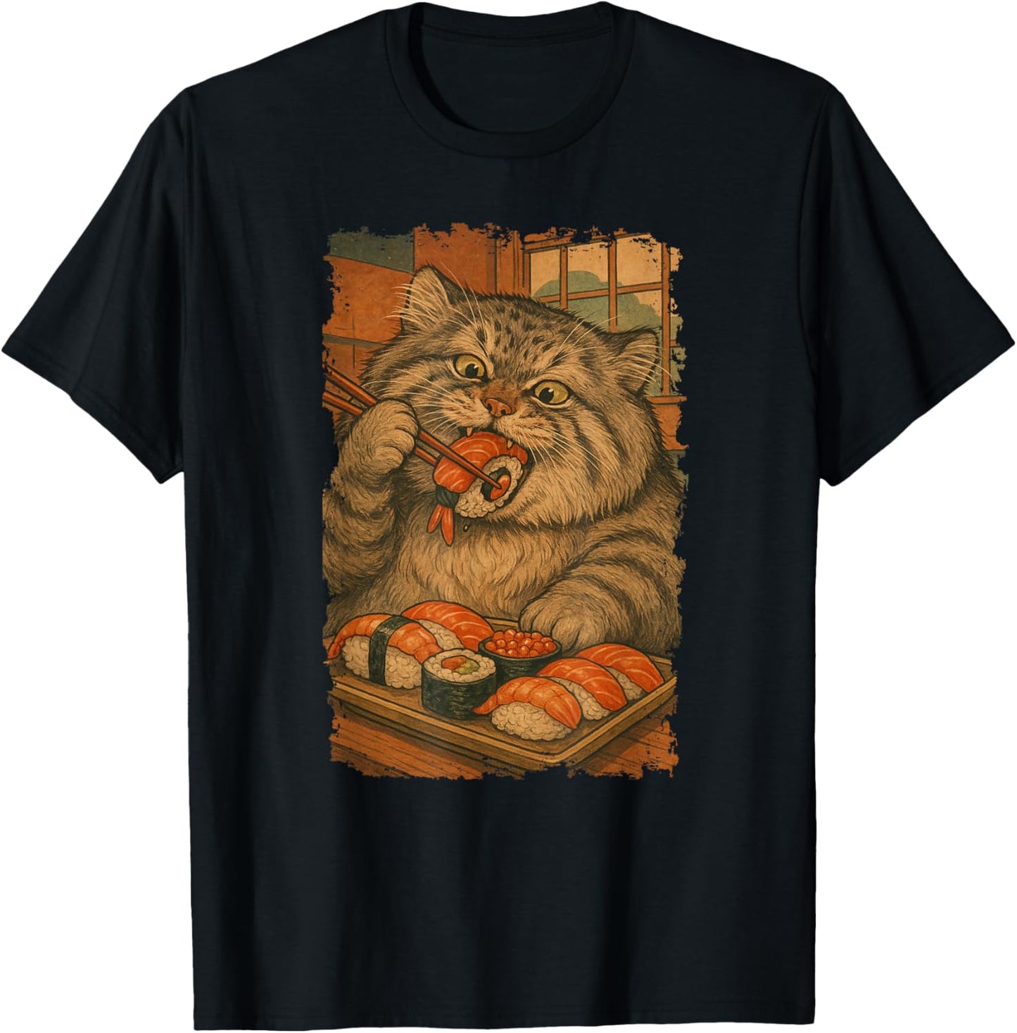Manul Pallas´s Cat Eats Sushi Japanese Vintage T-Shirt