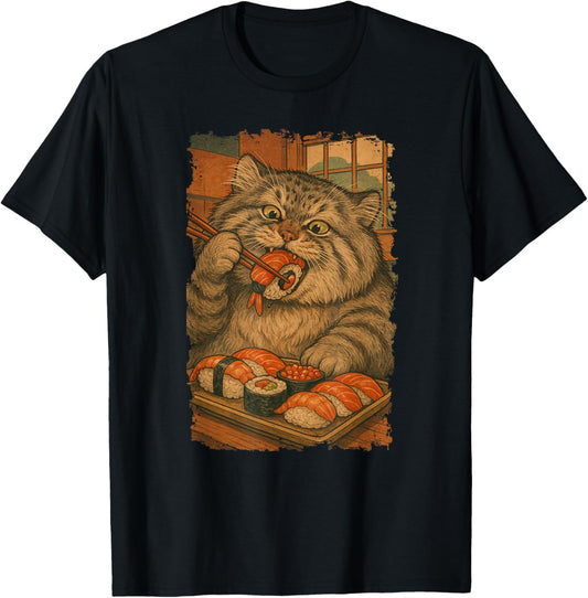 Manul Pallas´s Cat Eats Sushi Japanese Vintage T-Shirt