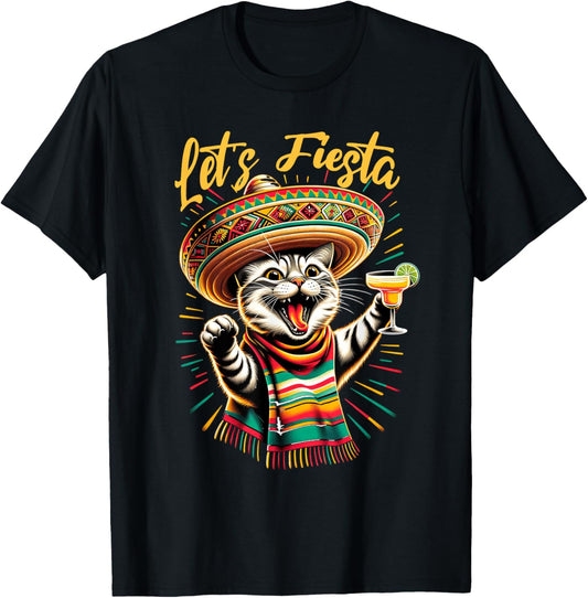 Mexican Let's Fiesta Sombrero Cat Cinco De Mayo Funny Cat T-Shirt