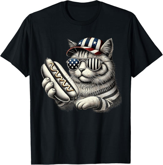 4th of July Hotdog Cat Funny Patriotic Cat USA Flag Men Boys T-Shirt