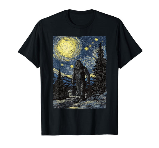 Bigfoot Starry Night Sasquatch Van Gogh Painting Art T-Shirt
