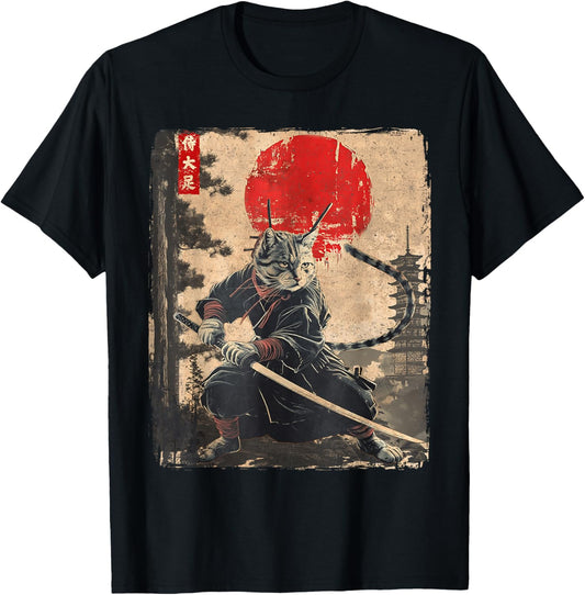 Vintage Ninja Samurai Cat Graphic Tees Art Japanese Anime T-Shirt