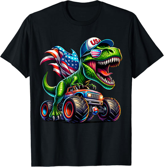 4th July Monster Truck T rex Dinosaur American USA Flag T-Shirt