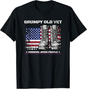 Funny Grumpy Old Vet for Military w/American Flag and Boots T-Shirt