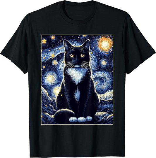 Tuxedo Cat Starry Night Shirt Van Gogh Painting Cat Lover T-Shirt