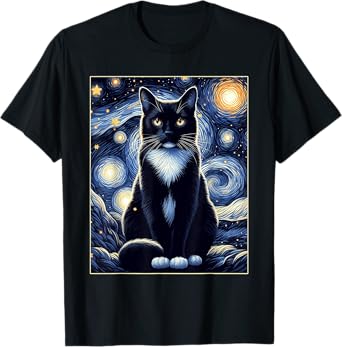 Tuxedo Cat Starry Night Shirt Van Gogh Painting Cat Lover T-Shirt