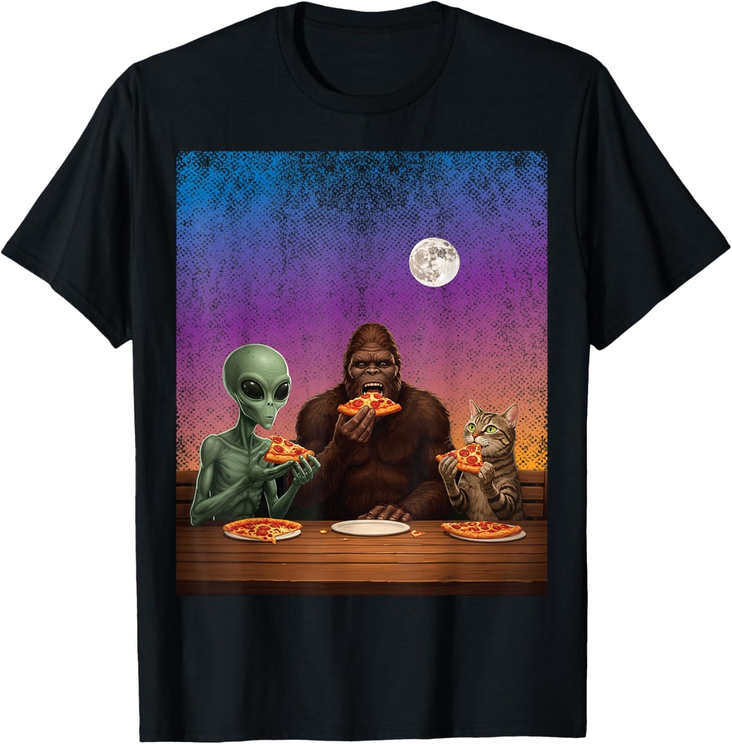 Alien Bigfoot Cat Eating Pizza Selfie BFF Photo Funny T-Shirt