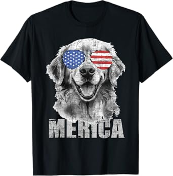 Merica - Patriotic American Flag Golden Retriever Dog Lover T-Shirt