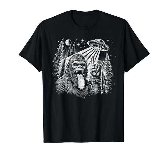 Sasquatch Selfie Big Foot Rock On UFO Alien Funny T-Shirt