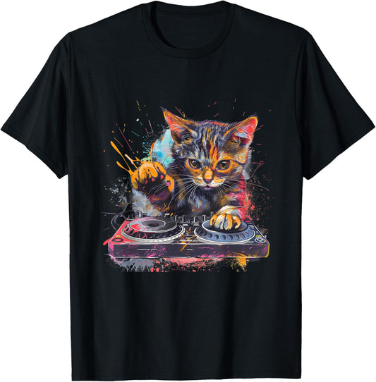 DJ Cat Turntable DJ Cat EDM Artwork House Music Beatmaker T-Shirt