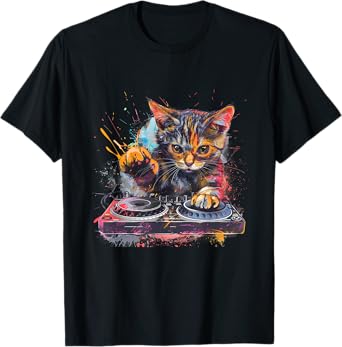 DJ Cat Turntable DJ Cat EDM Artwork House Music Beatmaker T-Shirt for Men Women Kids