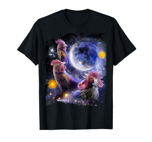3 Three Chicken Moon, Cosmic Wolf Chickens Howling T-Shirt