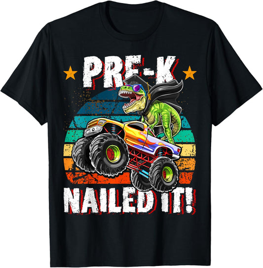 Retro Dinosaur Monster Truck Pre-K Graduation Cap Gift Boys T-Shirt