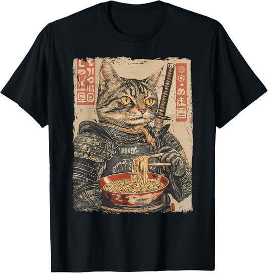 Samurai Cat Loves Ramen Funny Anime Japanese Artwork Samurai T-Shirt