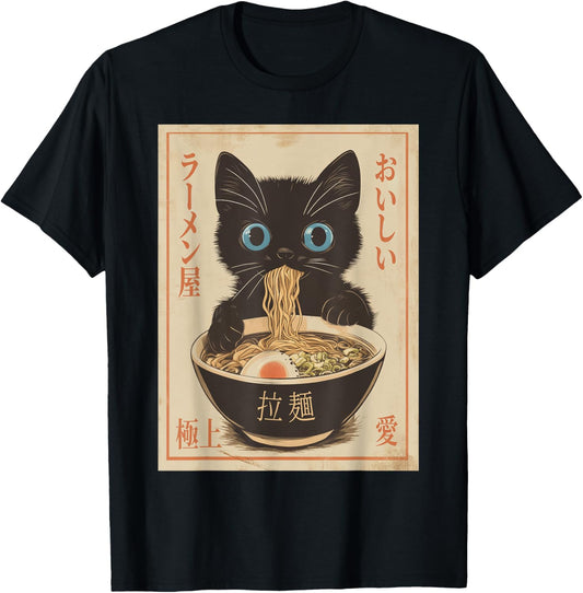 Cat Ramen Funny Japanese Graphic Tee Kawaii Anime Vintage T-Shirt
