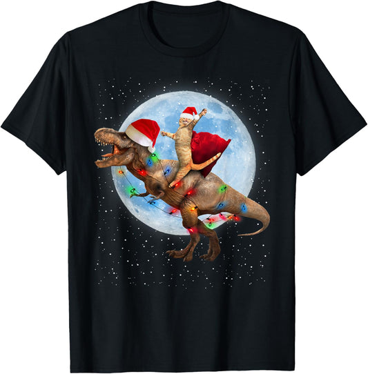 Cat Santa Hat Riding Dinosaur T rex Moon Christmas Xmas T-Shirt for Men Women Kids