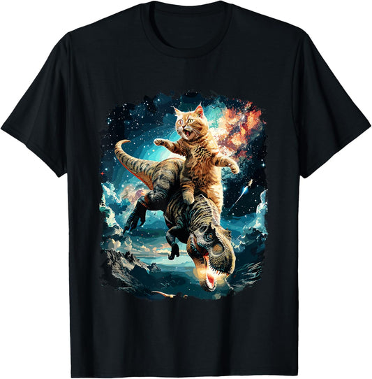Cat Riding Dinosaur Funny Galaxy T-Shirt