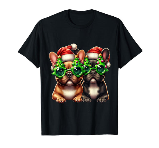 French Bulldog Wearing Christmas Tree Glasses Men Women Kids T-Shirt