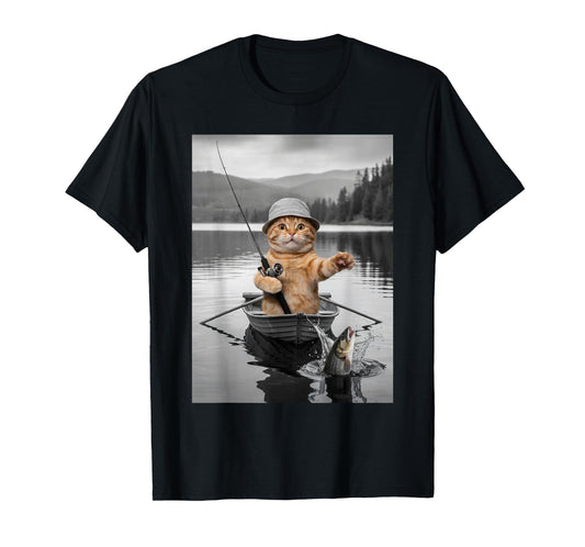 Weird Cat Selfie Boat Fishing Funny Cat Meme T-Shirt