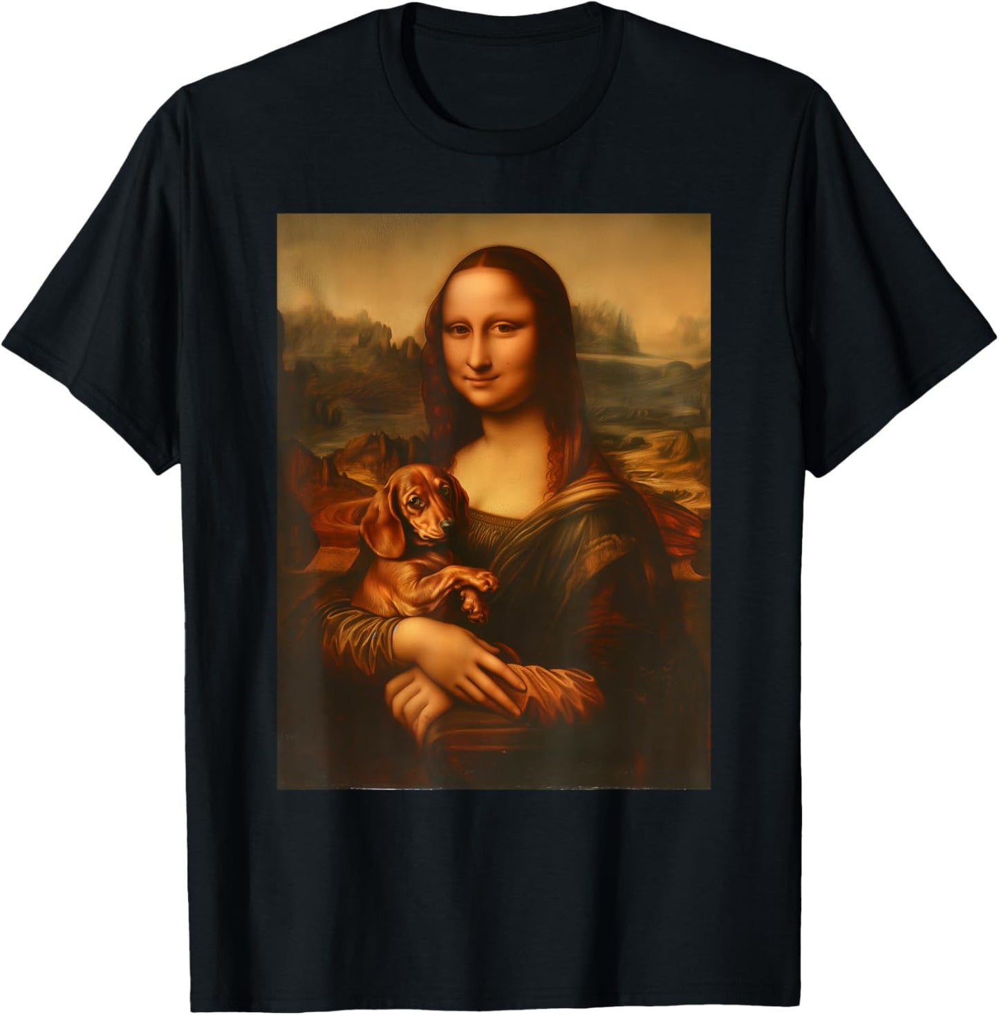 Da Vinci Mona Lisa holding Dachshund Funny Cool Art Teacher T-Shirt