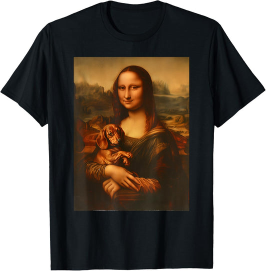 Da Vinci Mona Lisa holding Dachshund Funny Cool Art Teacher T-Shirt