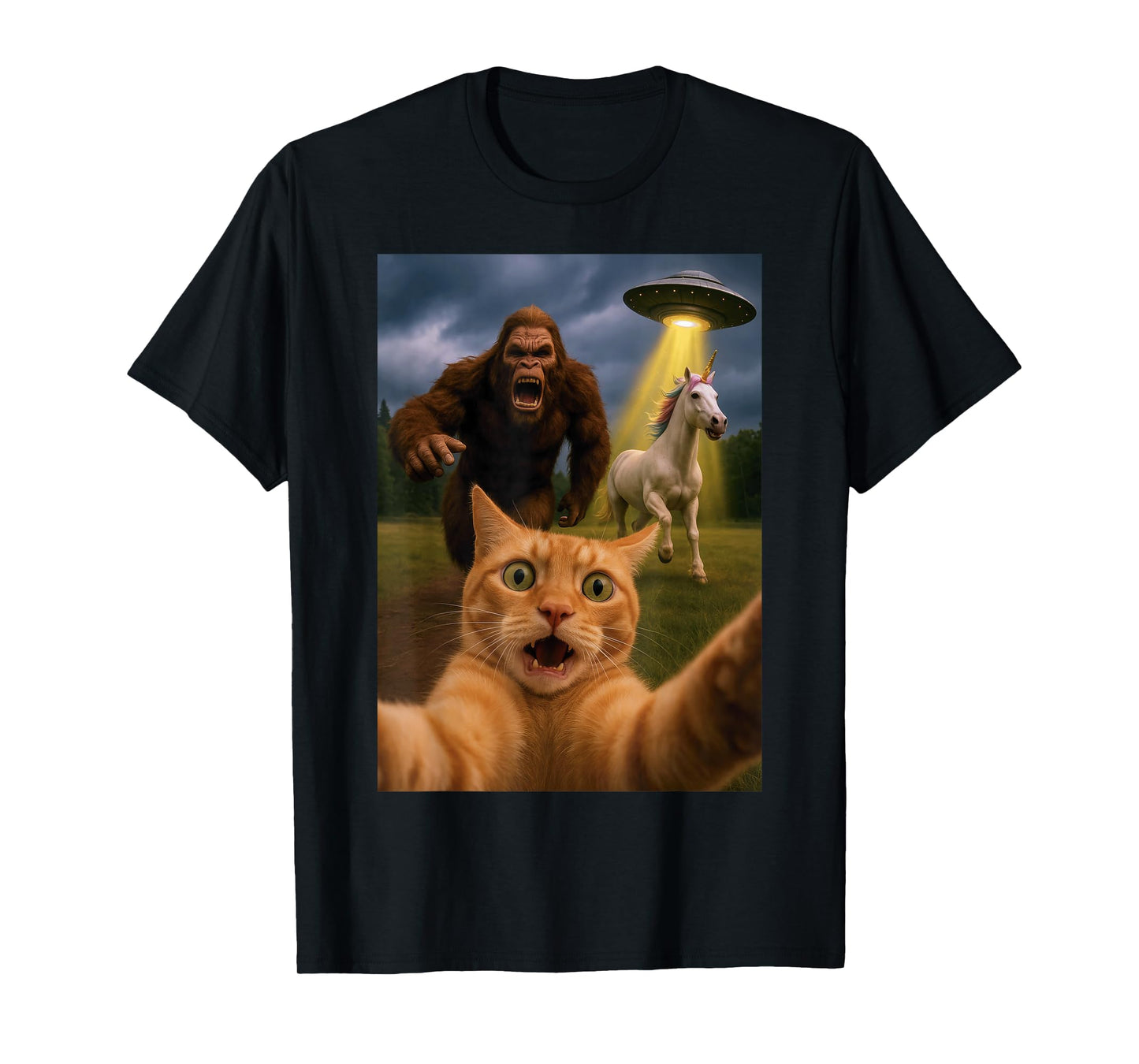 Funny Graphic Tee Cat Selfie with Bigfoot Unicorn UFO T-Shirt