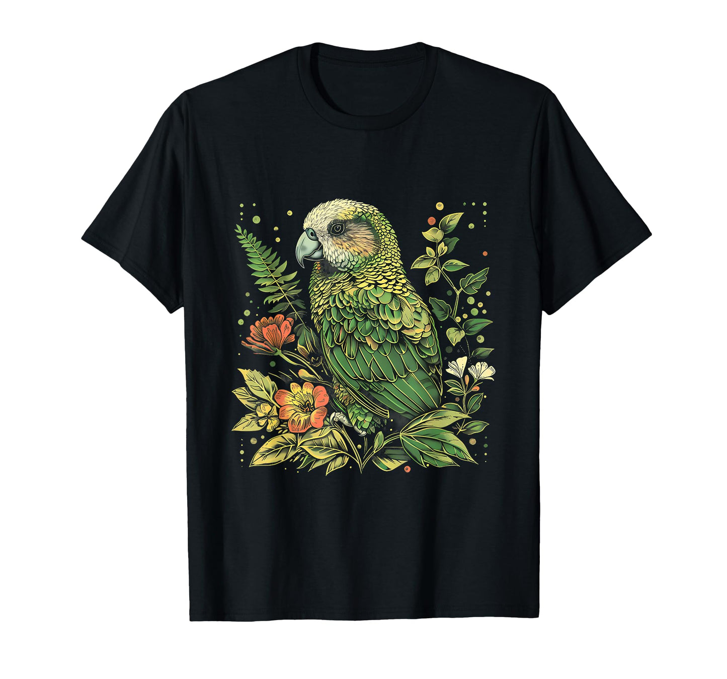 Tropical Jungle Animal Art Kakapo Bird Floral Artwork Kakapo Parrot Animal Lovers Unisex-Adults T-Shirt Black Small Classic Fit Short Sleeve