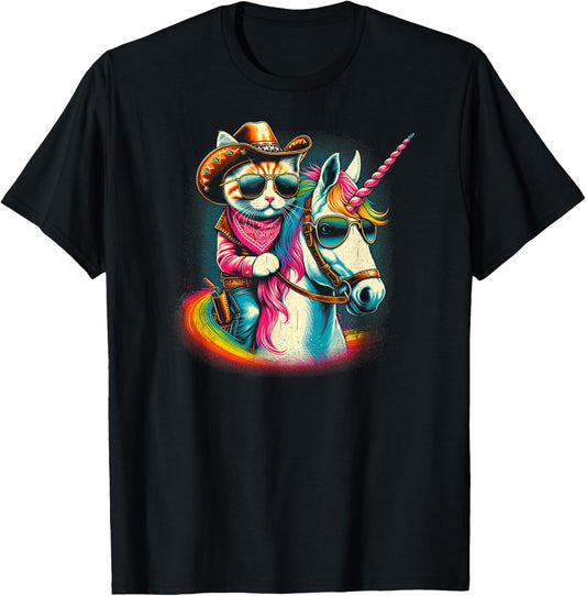 Cowboy Cat Riding Unicorn Fun T-Shirt